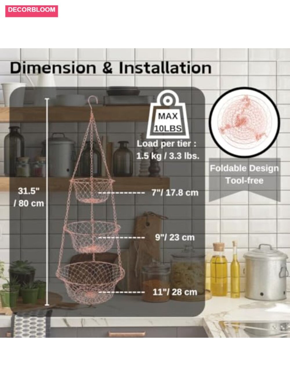 3 Tier Hanging Basket for Kitchen Storage, Metal Mesh Organizer, Foldable - Picture 2 of 6